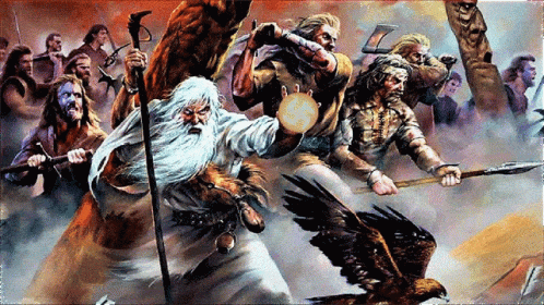 the painting of a wizard being chased by two raven men