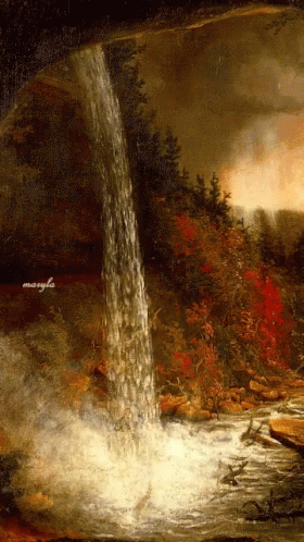 a painting of a waterfall with a mountain in the background