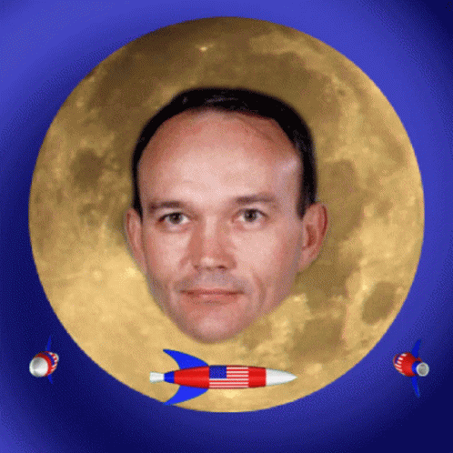 the image is of a man in front of the moon and rocket