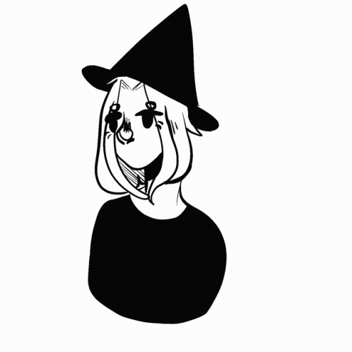 a black and white drawing of a woman wearing a witches hat