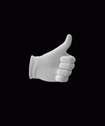 a person wearing gloves giving thumbs up in a black background