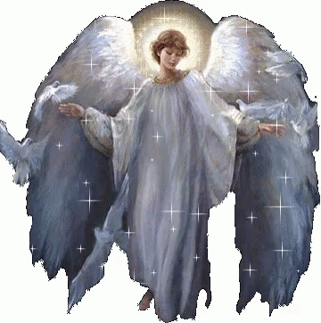 an angel with large wings walking through a white sky