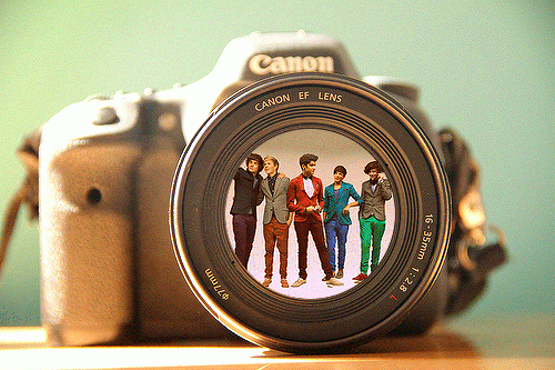 a camera with an reflection of a group of guys