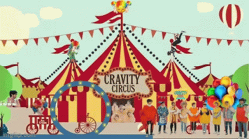 a colorful graphic shows an amut park, circus tent and flags