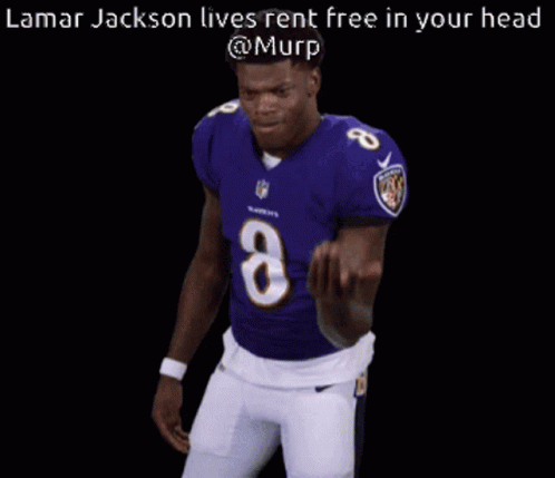 a picture of the nfl player with a caption to a text reading, llamar jackson lives rent free in your head