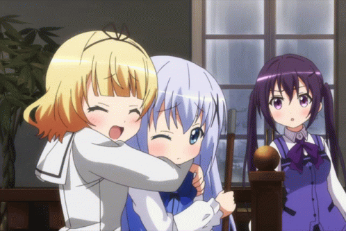 three anime characters hugging each other, one looking sad
