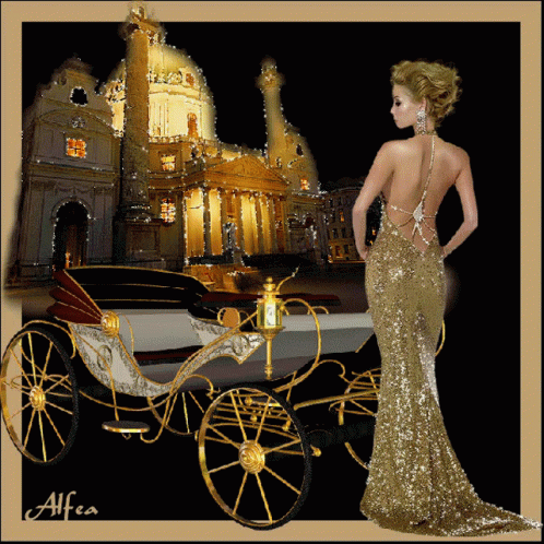 an image of the woman in a dress is near a horse drawn carriage