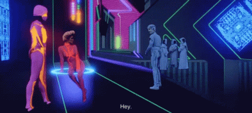 a man in an image of a sci - fi room with multiple colors and lines that appear to be created by people