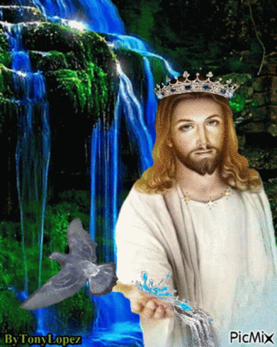 jesus christ and bird in front of a waterfall