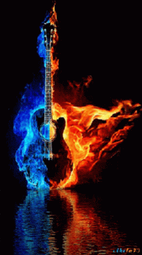 a guitar on fire and water with blue flames