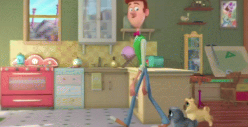 an animated scene of two dolls hanging in a room with an animal toy and toys