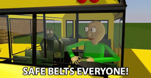 cartoon characters sitting inside of a bus, text says safe belts everyone