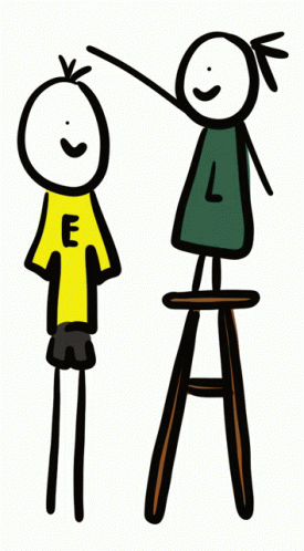 a drawing of a woman on a stool and a man in front