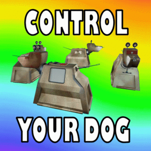 four military style tanks with words saying, control your dog