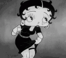 a cartoon picture of a woman in black with big eyes and no shoes on