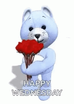 a teddy bear holding blue flowers and saying happy wednesday