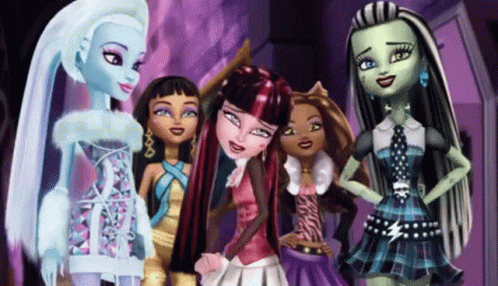 a group of dolls stand around one another