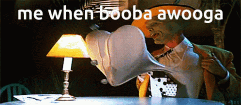 a man sits at a desk with his face in a blowup and the text, me when boba aweoga is here