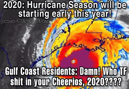 a blue and red map with words written over it that says hurricane season will be starting early this year gulf coast residents damn who t
