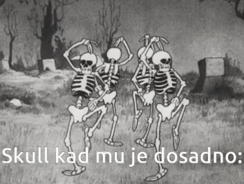 the two skeletons are dancing in front of a cemetery