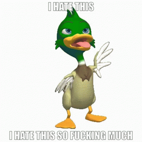 a cartoon green bird with a frowning look saying i hate this