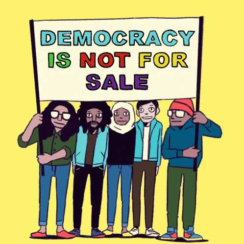 the cartoon depicts a group of protesters holding a sign