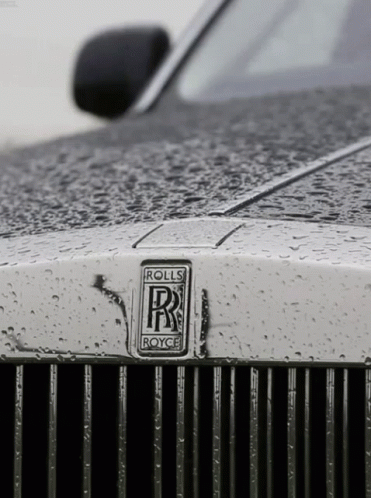 close up of front grille of rolls royce with rain droplets on it