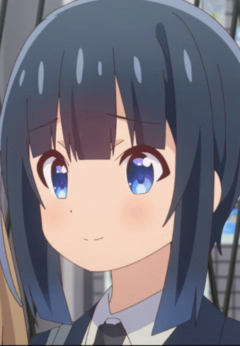 an anime woman with brown hair has a blue face