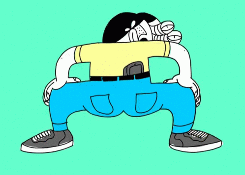 cartoon character with headphones holding back in position