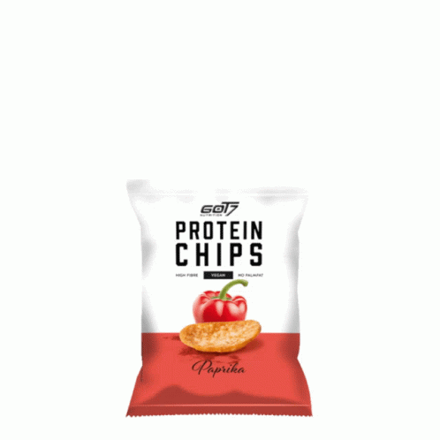 a blue bag of protein chips sitting on top of a white surface