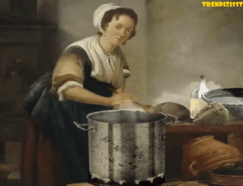 the painting is showing a lady cooking with a pan