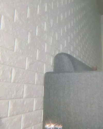 a gray couch in front of a brick wall