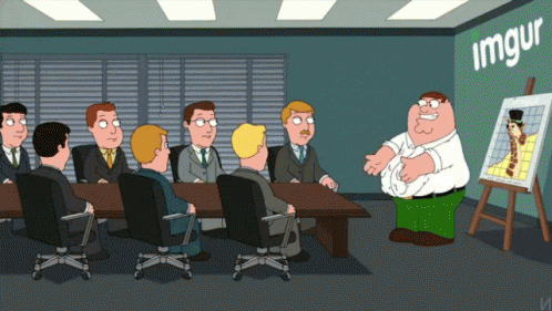 a cartoon shows a group of people sitting in a meeting room