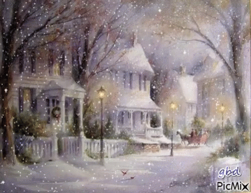 the painting shows snow covered houses, people and trees