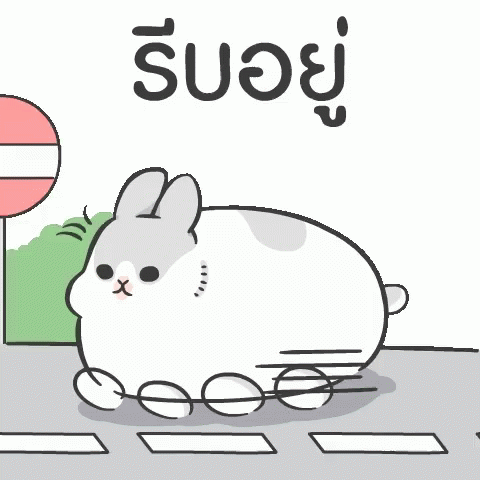 a rabbit sitting on a road near a street sign