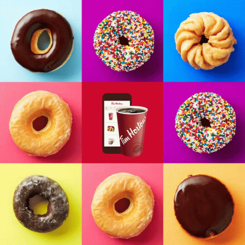 a grid of various colored and sprinkled donuts