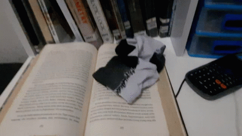 a close up of an open book with a remote