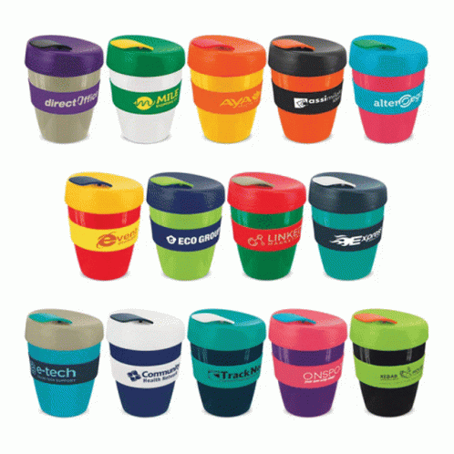 a set of many colorful cup lids on the same cup