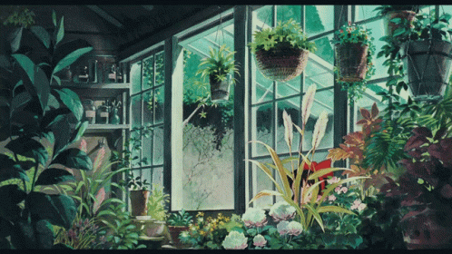 this painting shows a garden with flowers and a planter