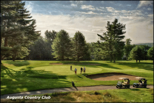 painting of a golf course with green grass and trees