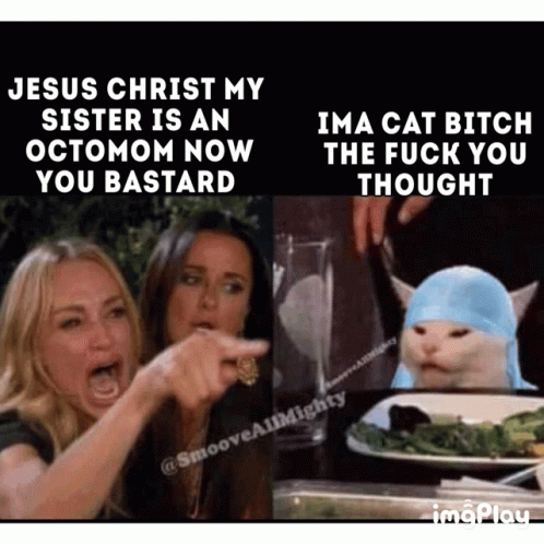 two pictures with text saying jesus christ my sister is an ima cat bitch ocmm now the f