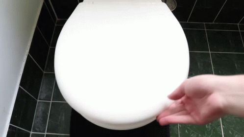 a person is pulling the lid off of a white toilet