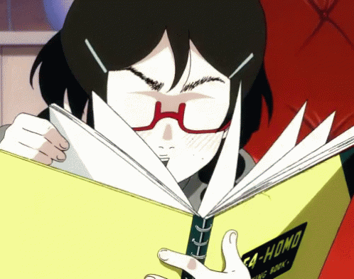 a woman with glasses reading a book
