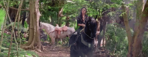a woman on horseback in the middle of the woods