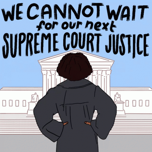 woman standing in front of supreme court with words we cannot wait for next supreme court justice