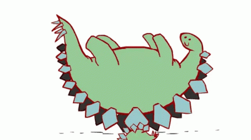 an animated green creature, with multiple triangles, sitting on a white surface