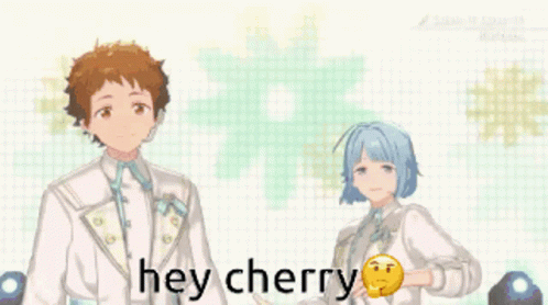 two people standing beside each other with the word hey cherry on them