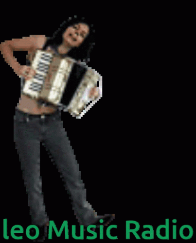 a woman in blue shirt playing an accordion
