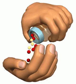 3d image of medical blue gloves pouring pills from a can into an outstretched hand