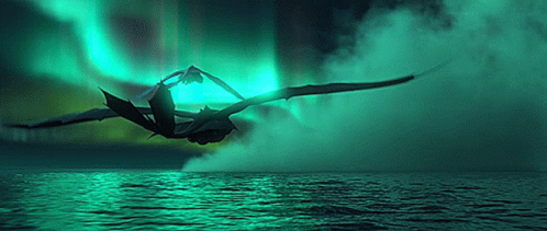 a woman is dancing in the water while flying in front of the aurora